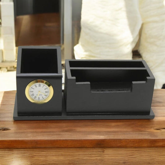 Wooden Desk Pen Holder With Clock Set of 50