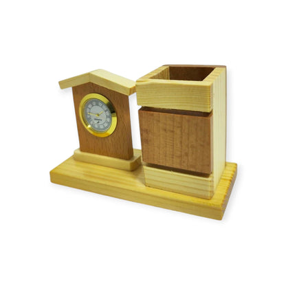 Wooden Desk Pen Holder With Clock Set of 50