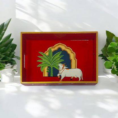 Wooden Hand Painted Serving Tray With Cow Design