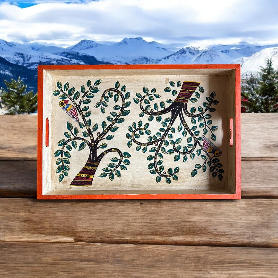 Wooden Hand Painted Serving Tray With Tree Design