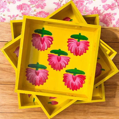 Wooden Hand Painted Serving Tray With Pink Flower Design