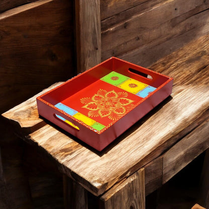 Wooden Hand Painted Serving Tray With Mandala Inspired Design