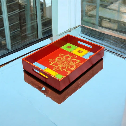 Wooden Hand Painted Serving Tray With Mandala Inspired Design