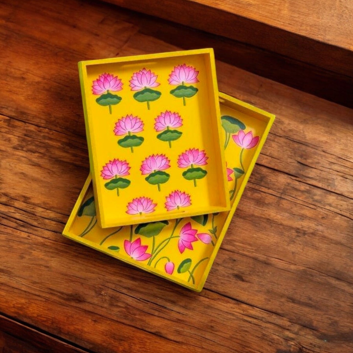 Wooden Hand Painted Serving Tray With Pink Lotus Desing