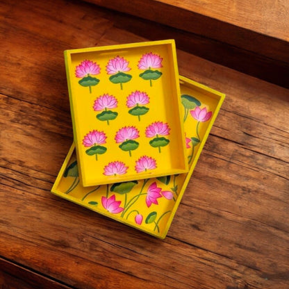 Wooden Hand Painted Serving Tray With Pink Lotus Desing