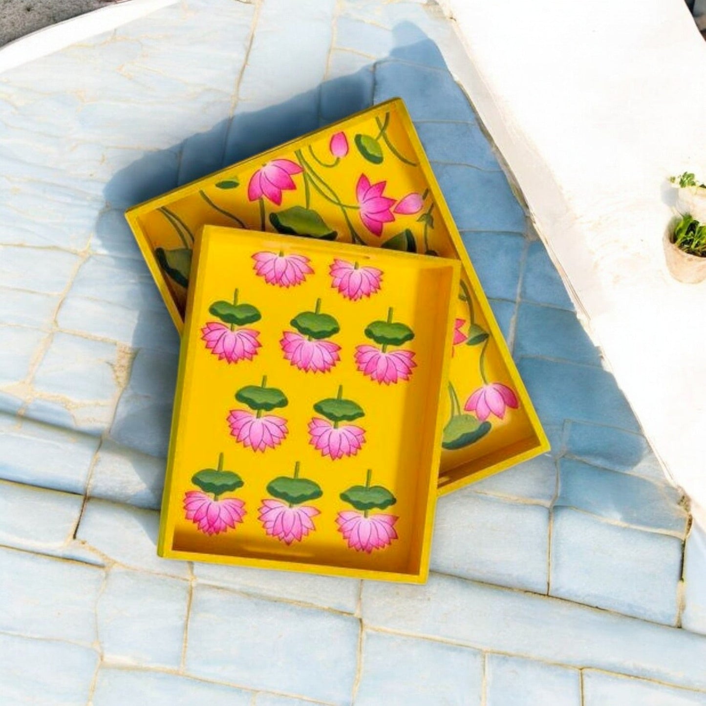 Wooden Hand Painted Serving Tray With Pink Lotus Desing