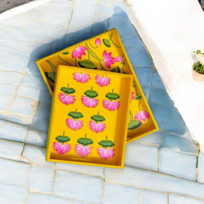 Wooden Hand Painted Serving Tray With Pink Lotus Desing