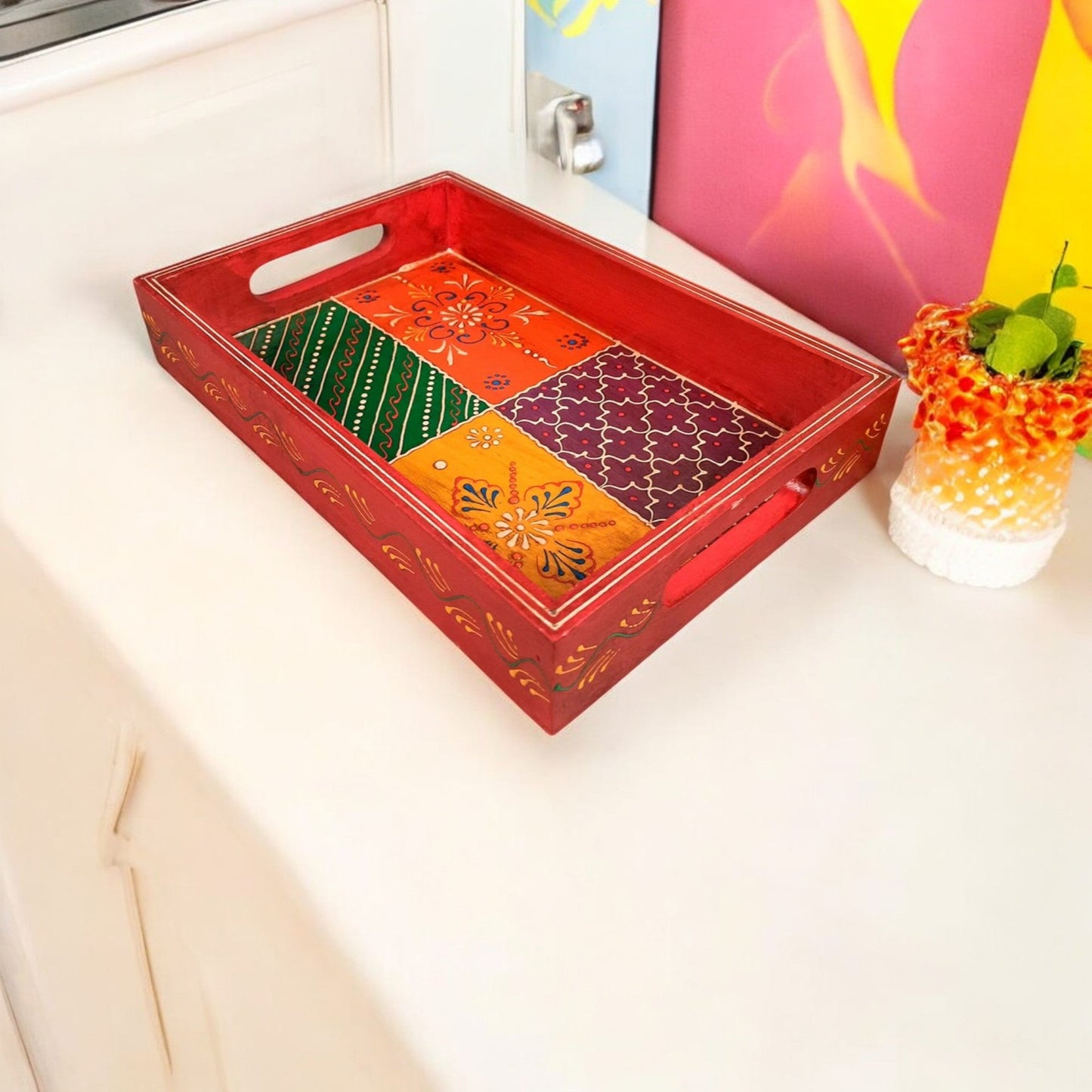 Wooden Hand Painted Serving Tray With Four Distinct Sections Desing