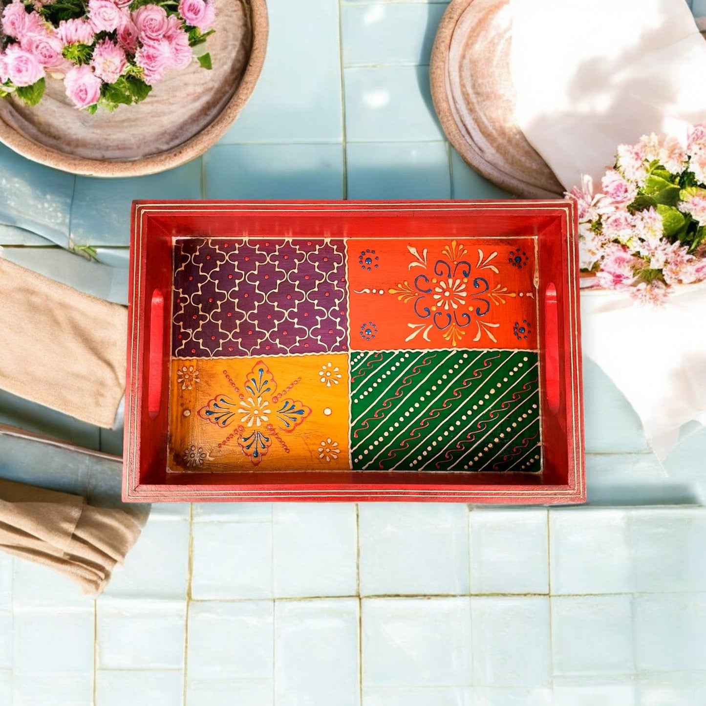 Wooden Hand Painted Serving Tray With Four Distinct Sections Desing