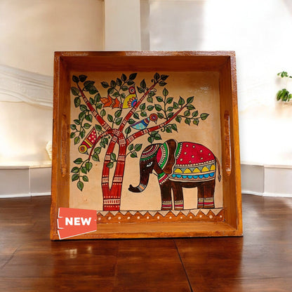 Wooden Hand Painted Serving Tray With Majestic Elephant Desing