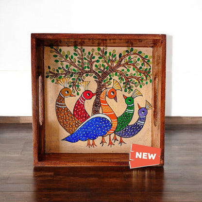 Wooden Hand Painted Serving Tray Peacock Desing