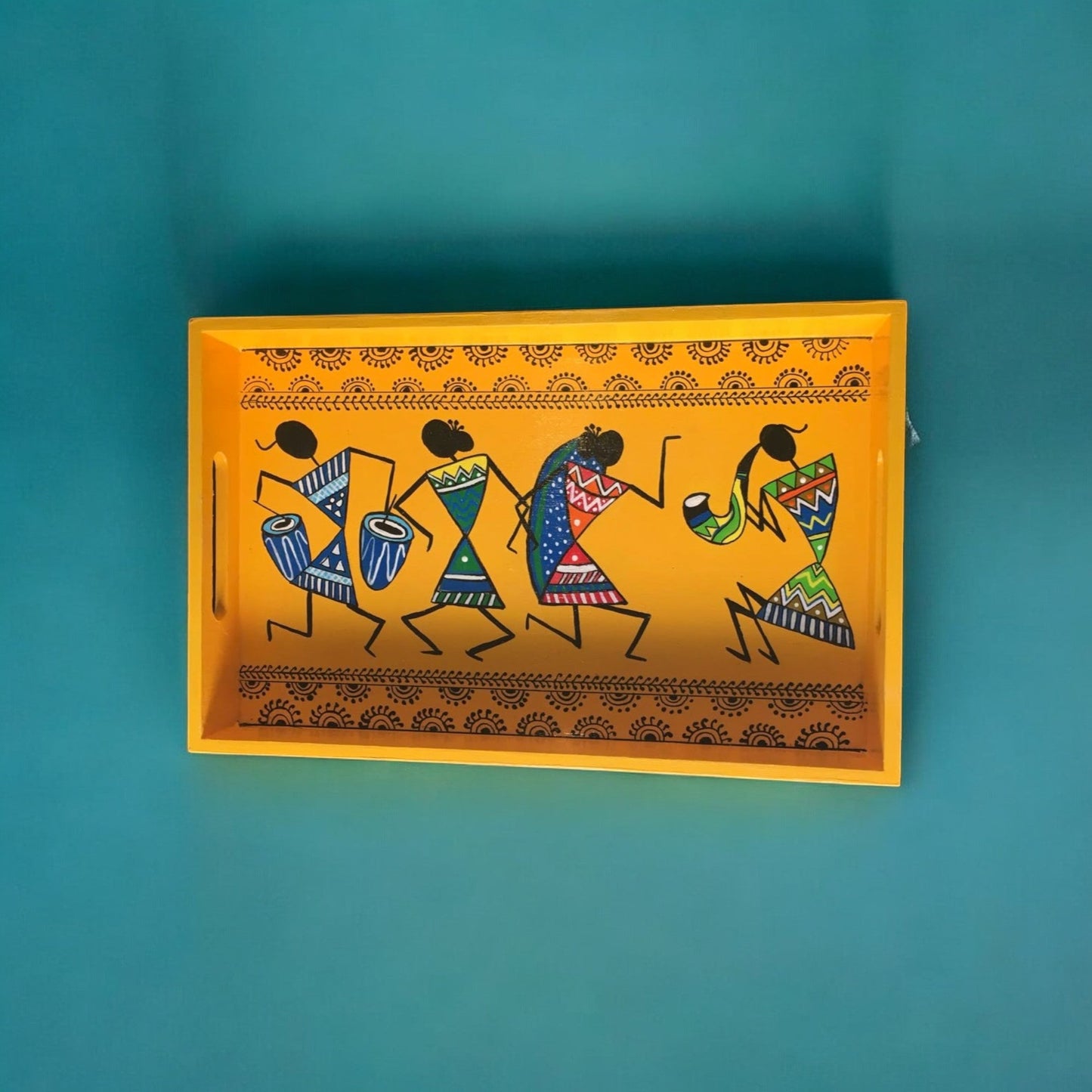 Wooden Hand Painted Serving Tray Warli Desing