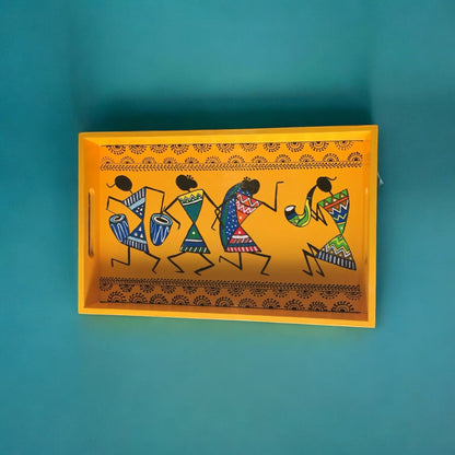 Wooden Hand Painted Serving Tray Warli Desing