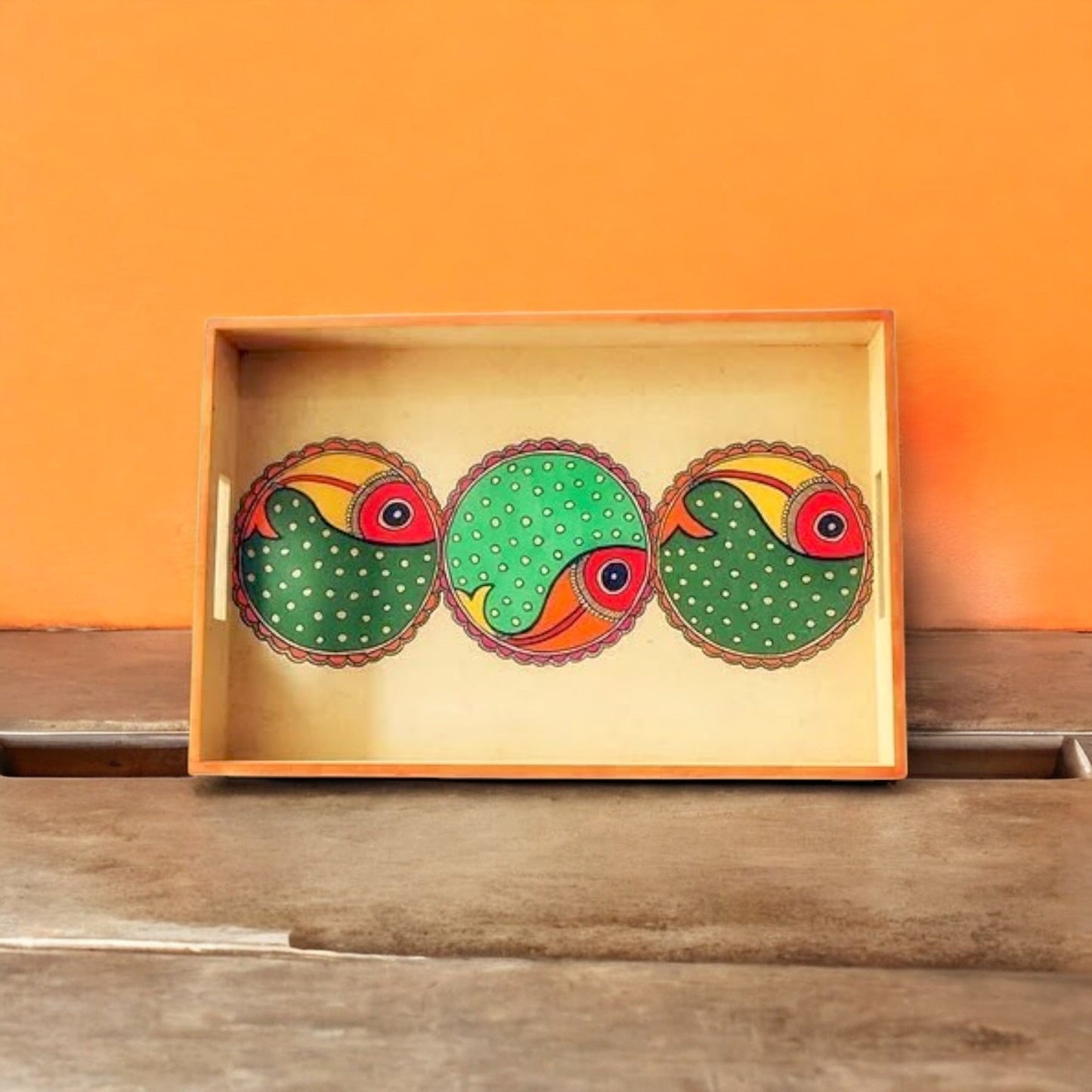 Wooden Hand Painted Serving Tray With Three Fish Desing