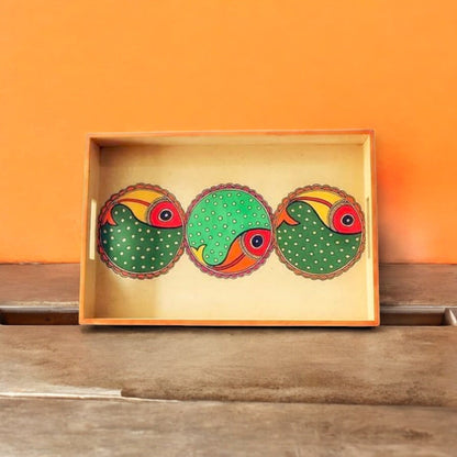 Wooden Hand Painted Serving Tray With Three Fish Desing