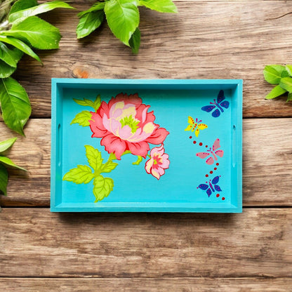 Wooden Hand Painted Serving Tray Flower Design