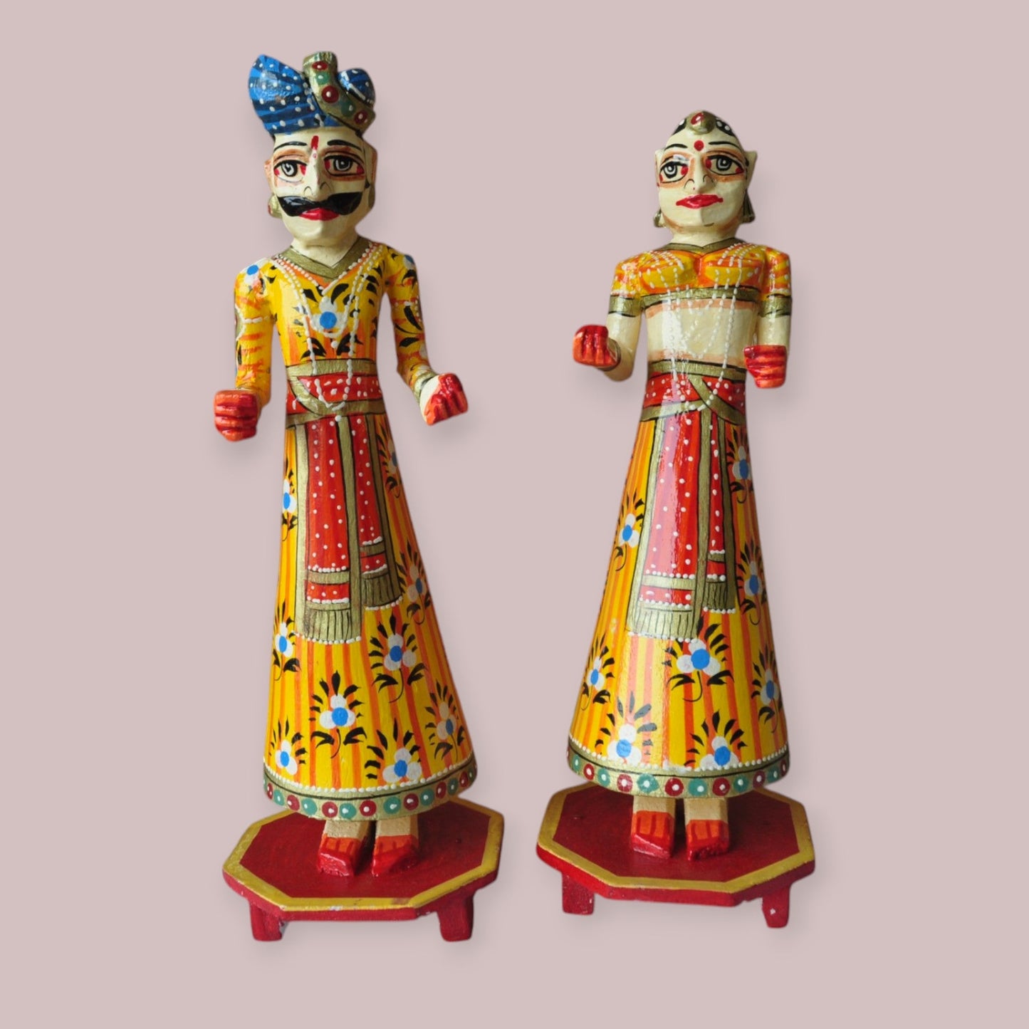 Wooden Hand Painted Rajasthani Gangaur Doll Set-Yellow