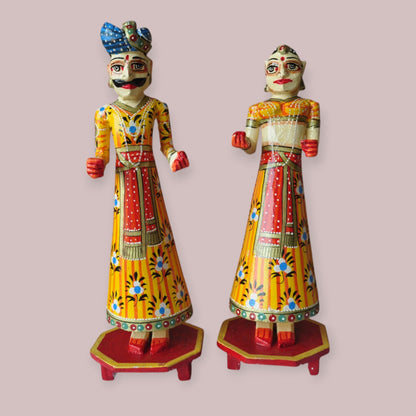 Wooden Hand Painted Rajasthani Gangaur Doll Set-Yellow