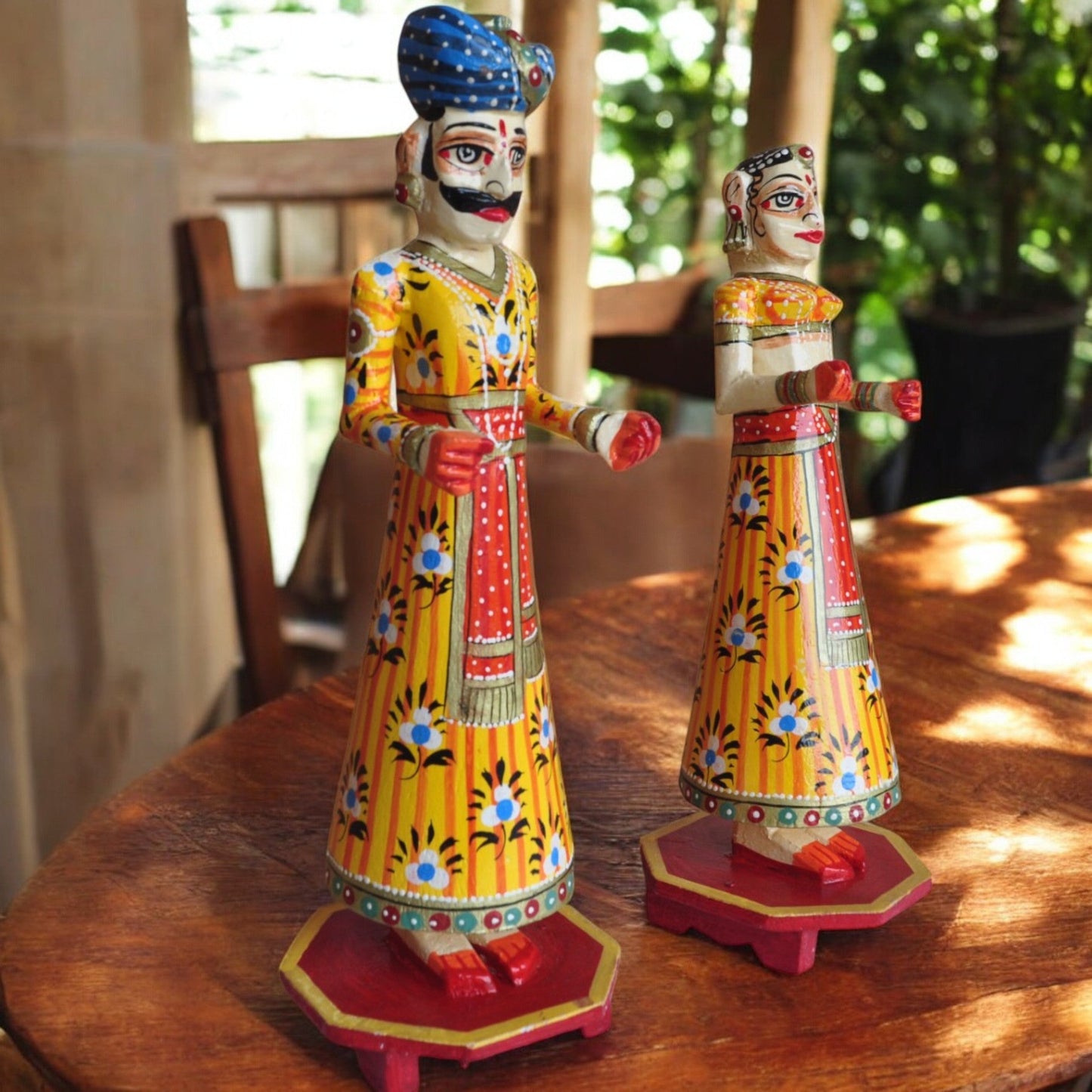 Wooden Hand Painted Rajasthani Gangaur Doll Set-Yellow