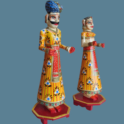 Wooden Hand Painted Rajasthani Gangaur Doll Set-Yellow