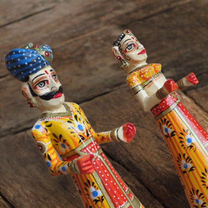 Wooden Hand Painted Rajasthani Gangaur Doll Set-Yellow