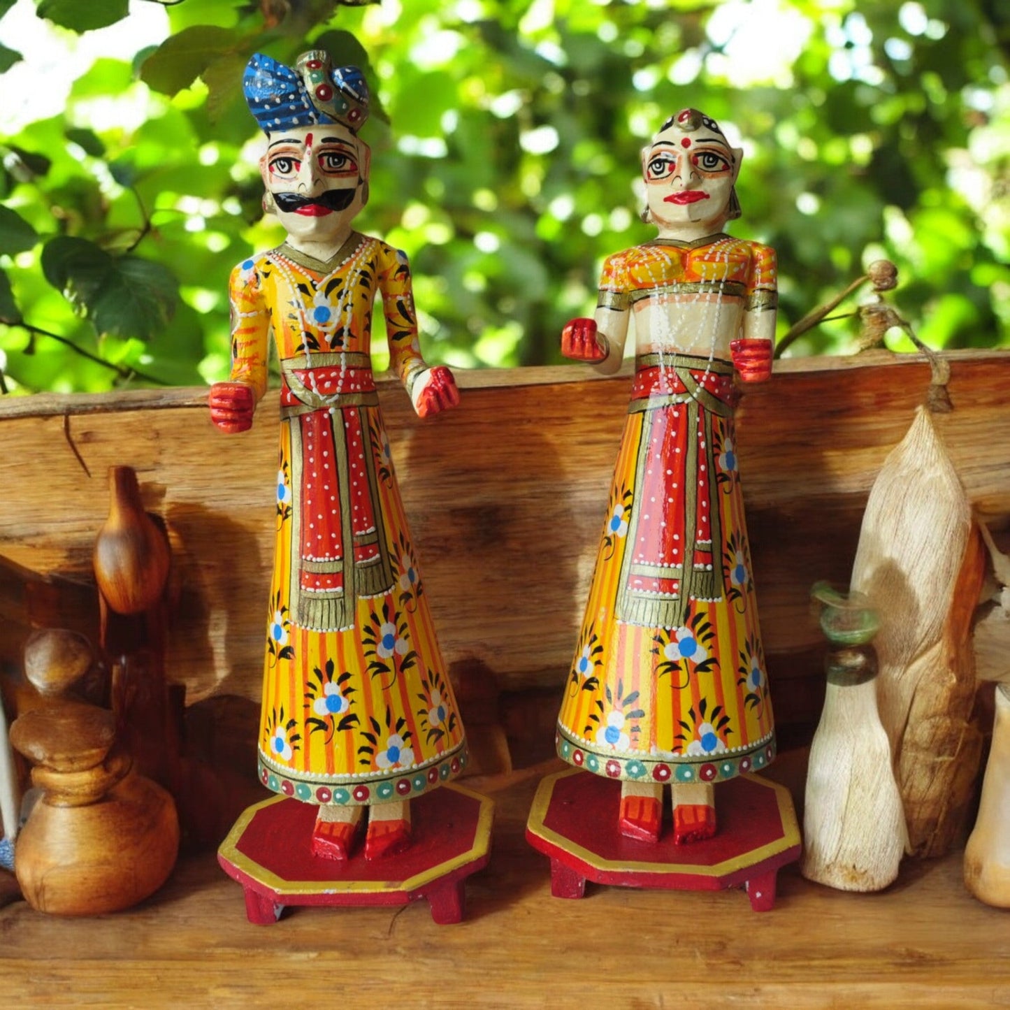 Wooden Hand Painted Rajasthani Gangaur Doll Set-Yellow