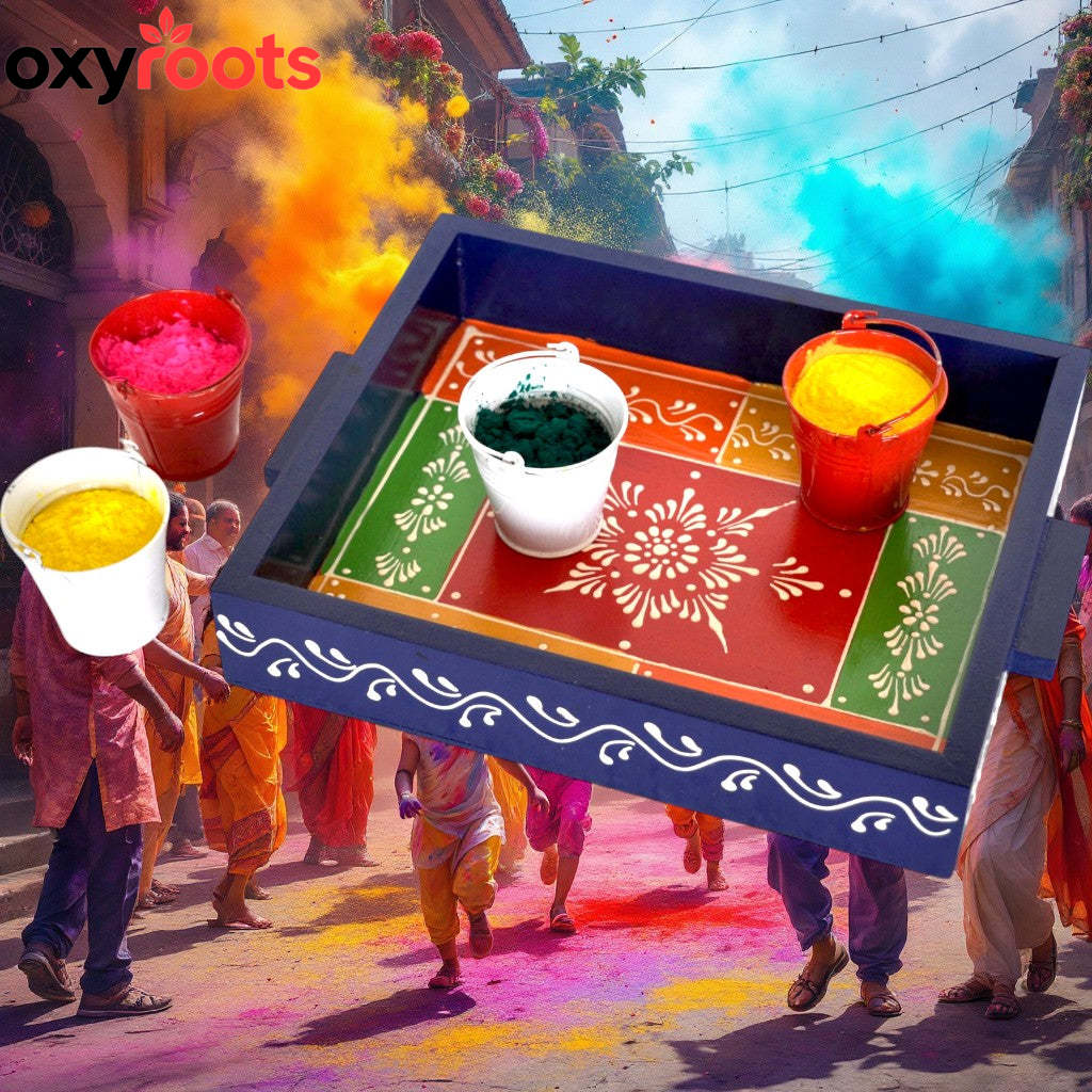 Wooden Hand Painted Holi Tray With Balty
