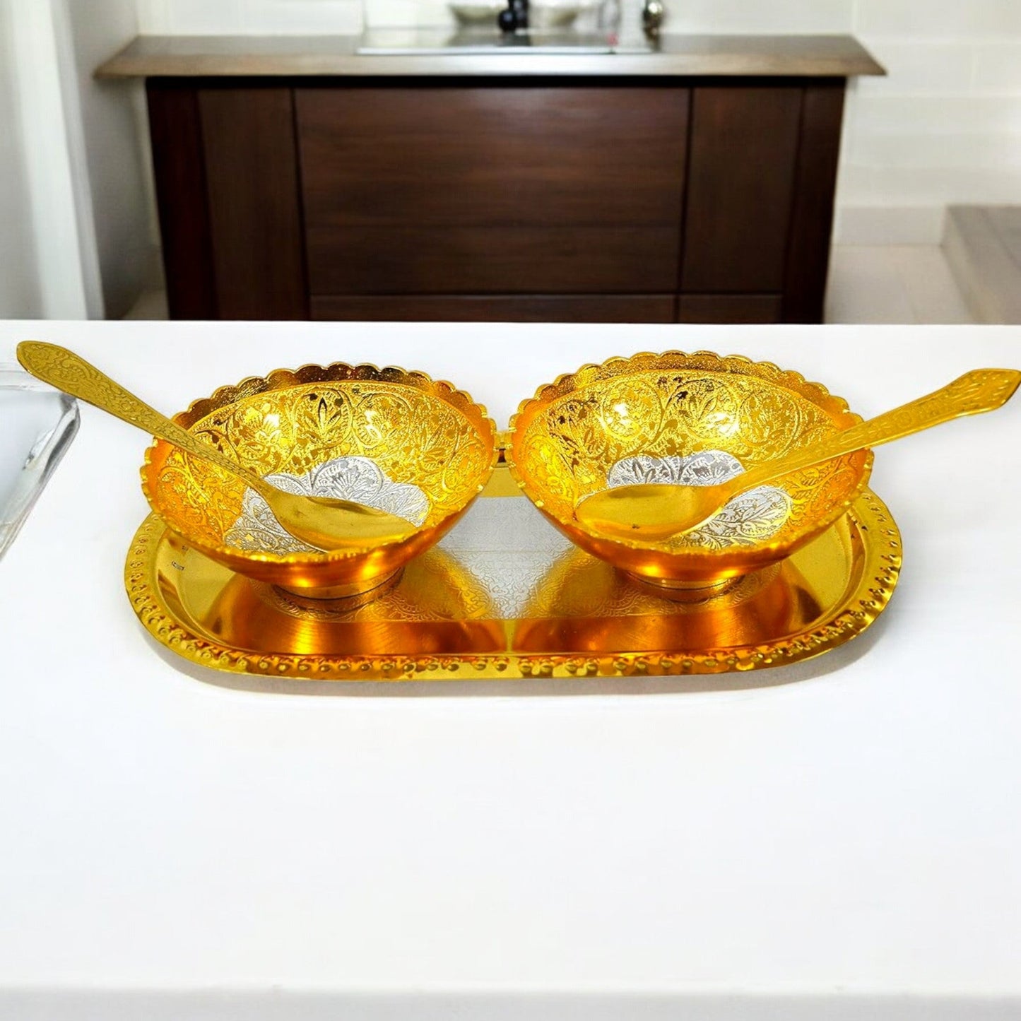 Silver Gold Plated Bowl With Spoon Set