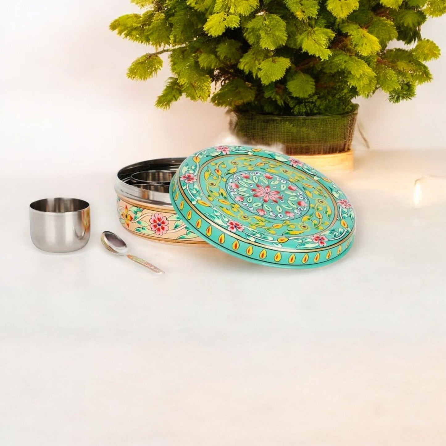 Hand Painted Spice Box With 7 Compartments-Green