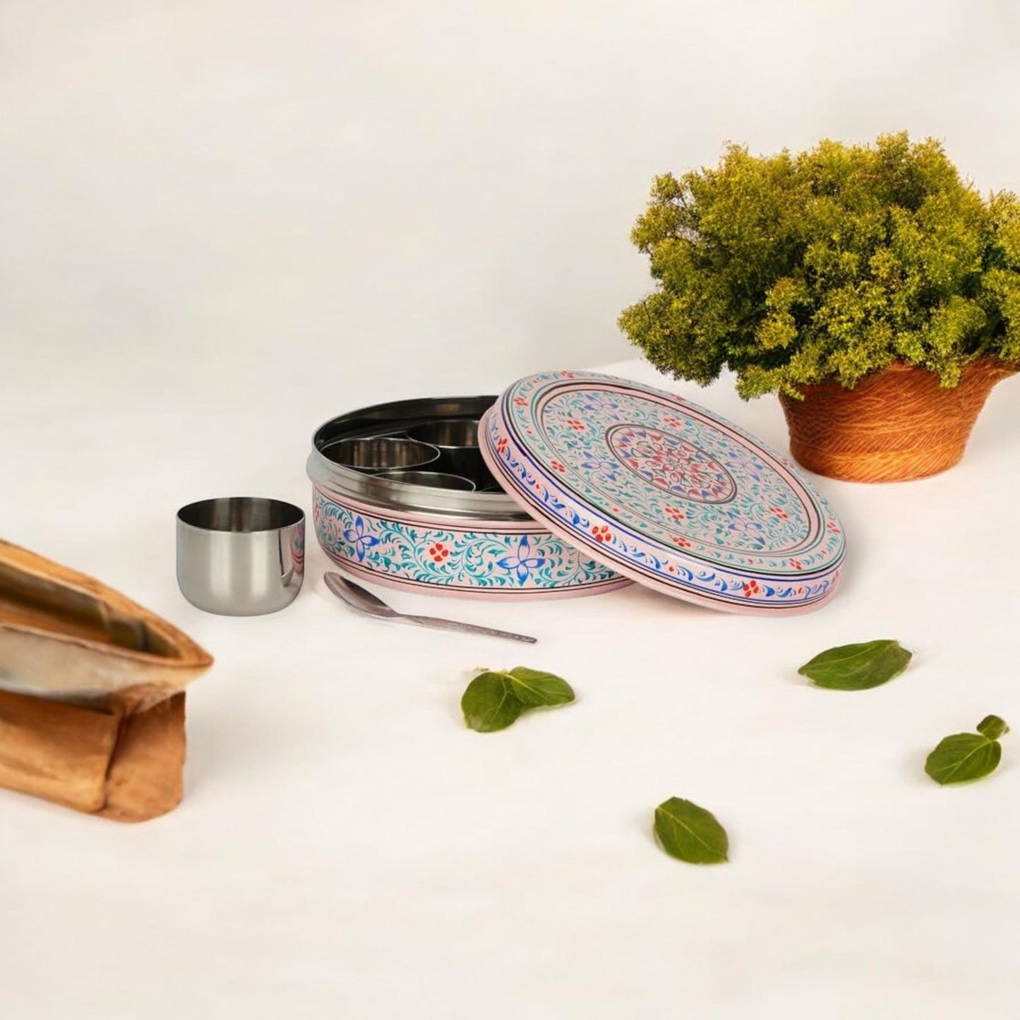 Hand Painted Spice Box With 7 Compartments-Pink
