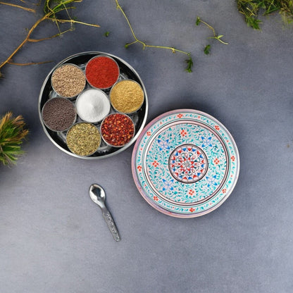 Hand Painted Spice Box With 7 Compartments-Pink