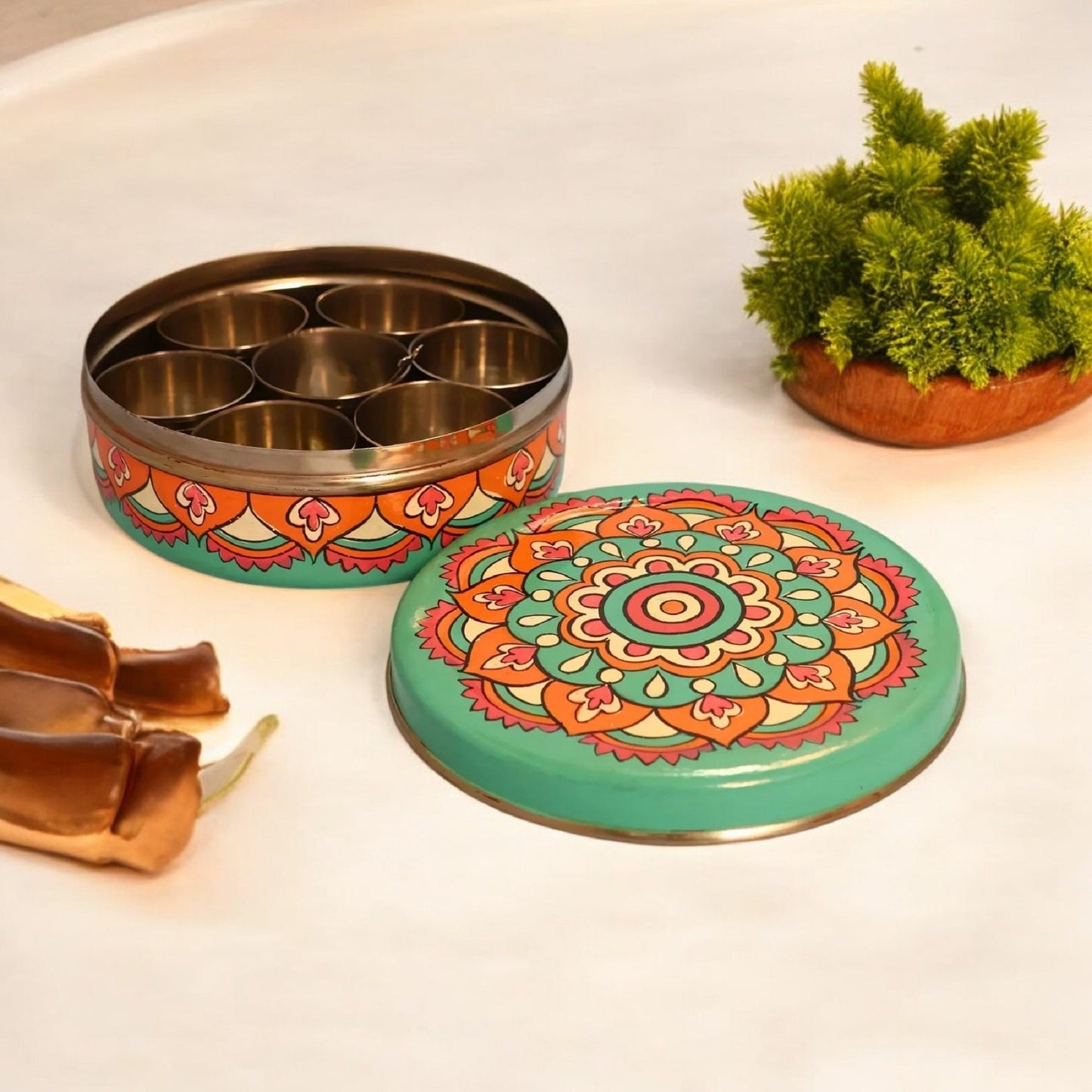 Hand Painted Spice Box With 7 Compartments-Mandala Design