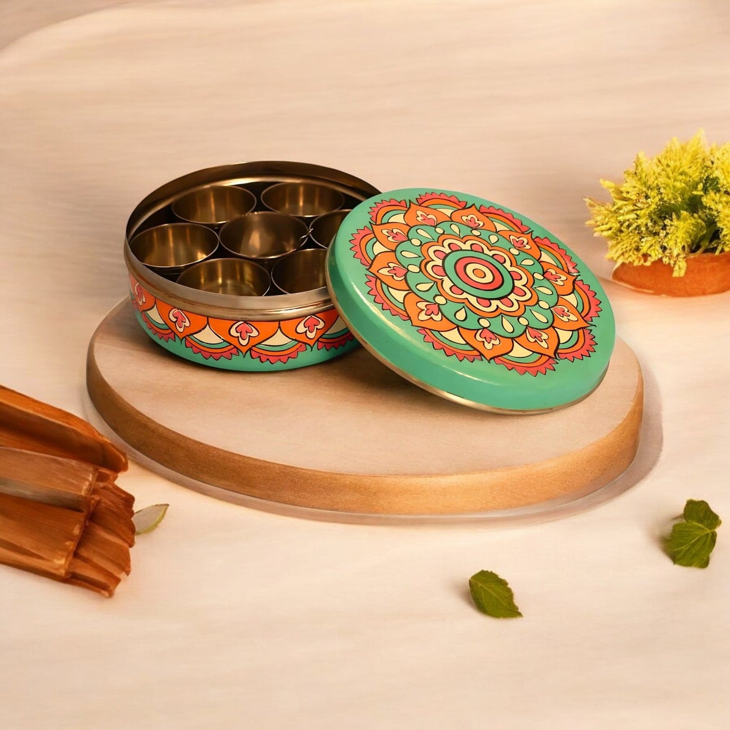 Hand Painted Spice Box With 7 Compartments-Mandala Design