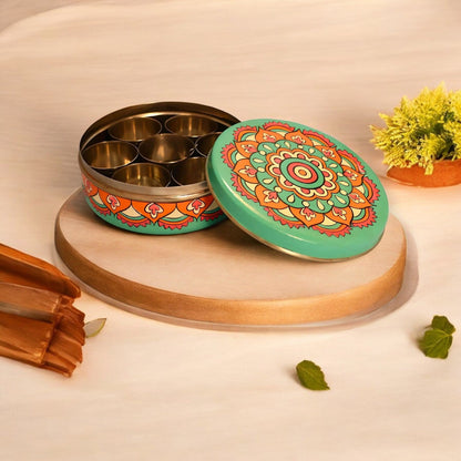 Hand Painted Spice Box With 7 Compartments-Mandala Design