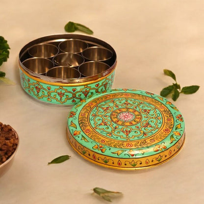 Hand Painted Spice Box With 7 Compartments-Green And Gold Design