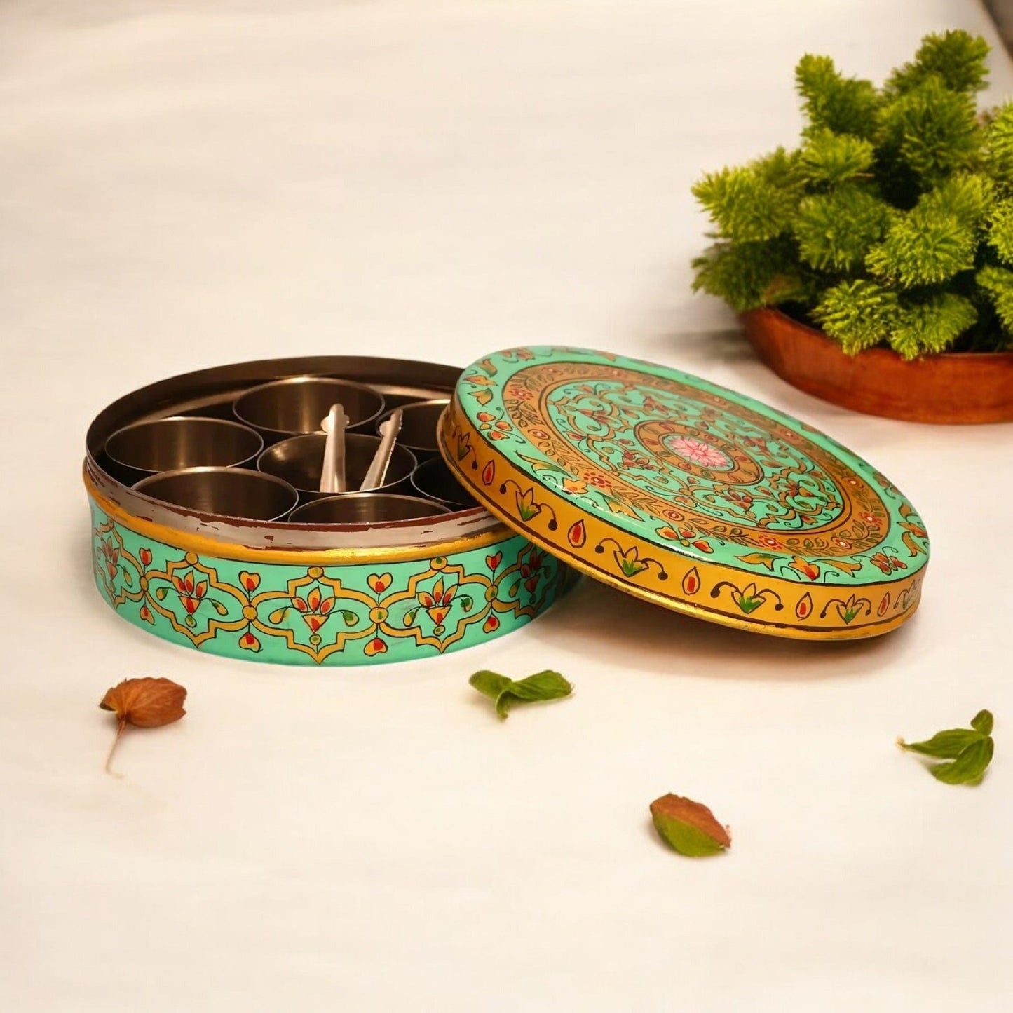 Hand Painted Spice Box With 7 Compartments-Green And Gold Design