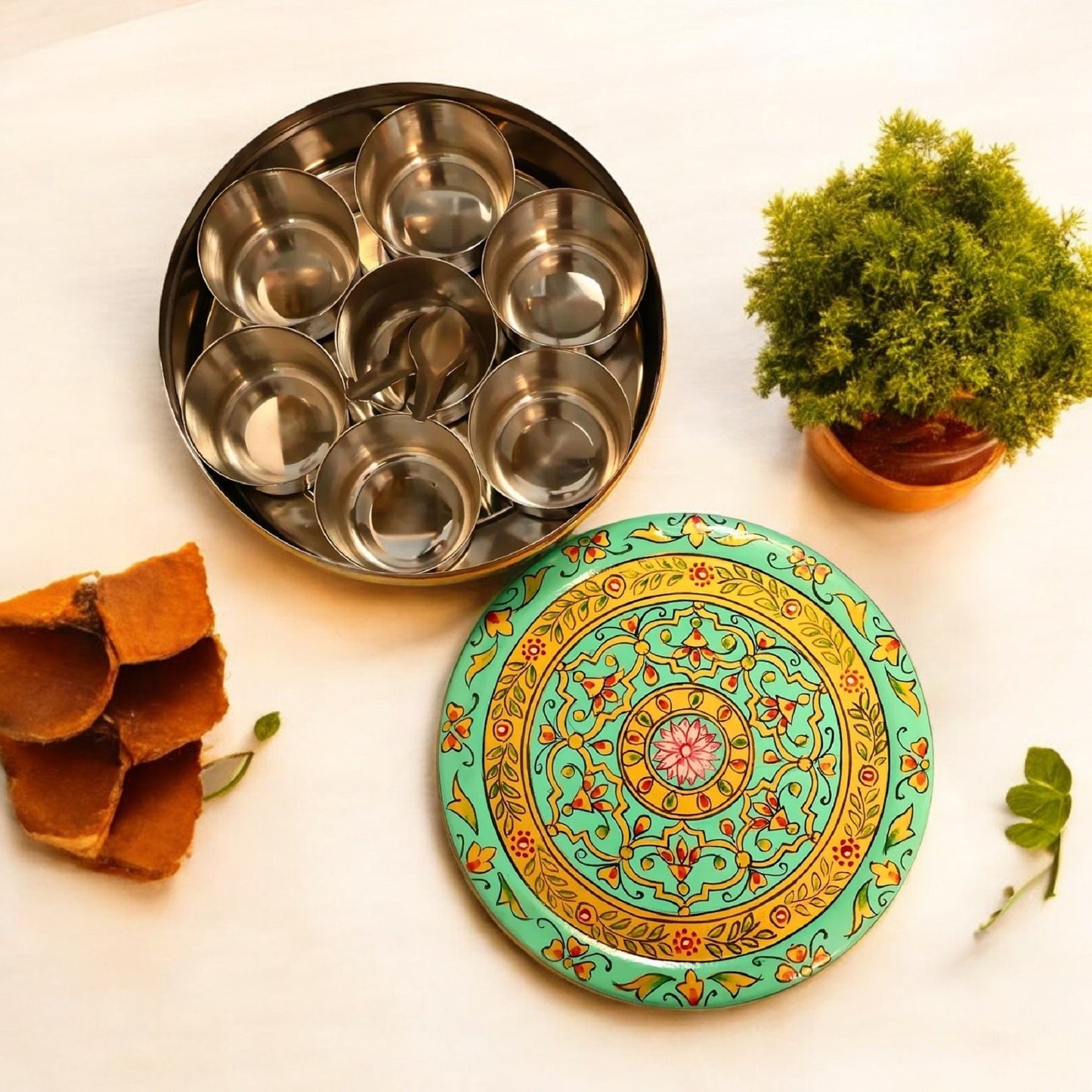 Hand Painted Spice Box With 7 Compartments-Green And Gold Design