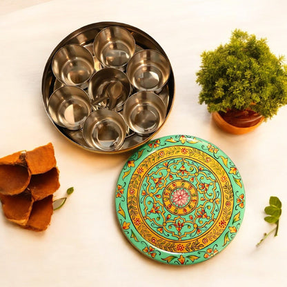 Hand Painted Spice Box With 7 Compartments-Green And Gold Design