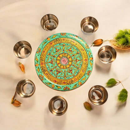 Hand Painted Spice Box With 7 Compartments-Green And Gold Design