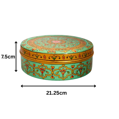 Hand Painted Spice Box With 7 Compartments-Green And Gold Design