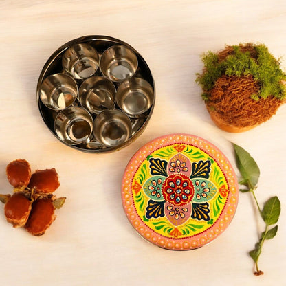 Hand Painted Spice Box With 7 Compartments-Multicolor Design