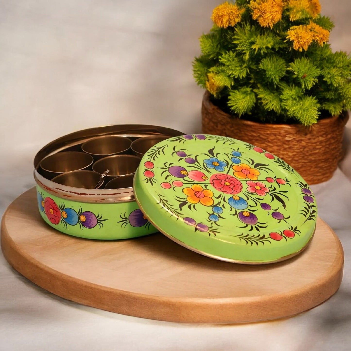 Hand Painted Spice Box With 7 Compartments