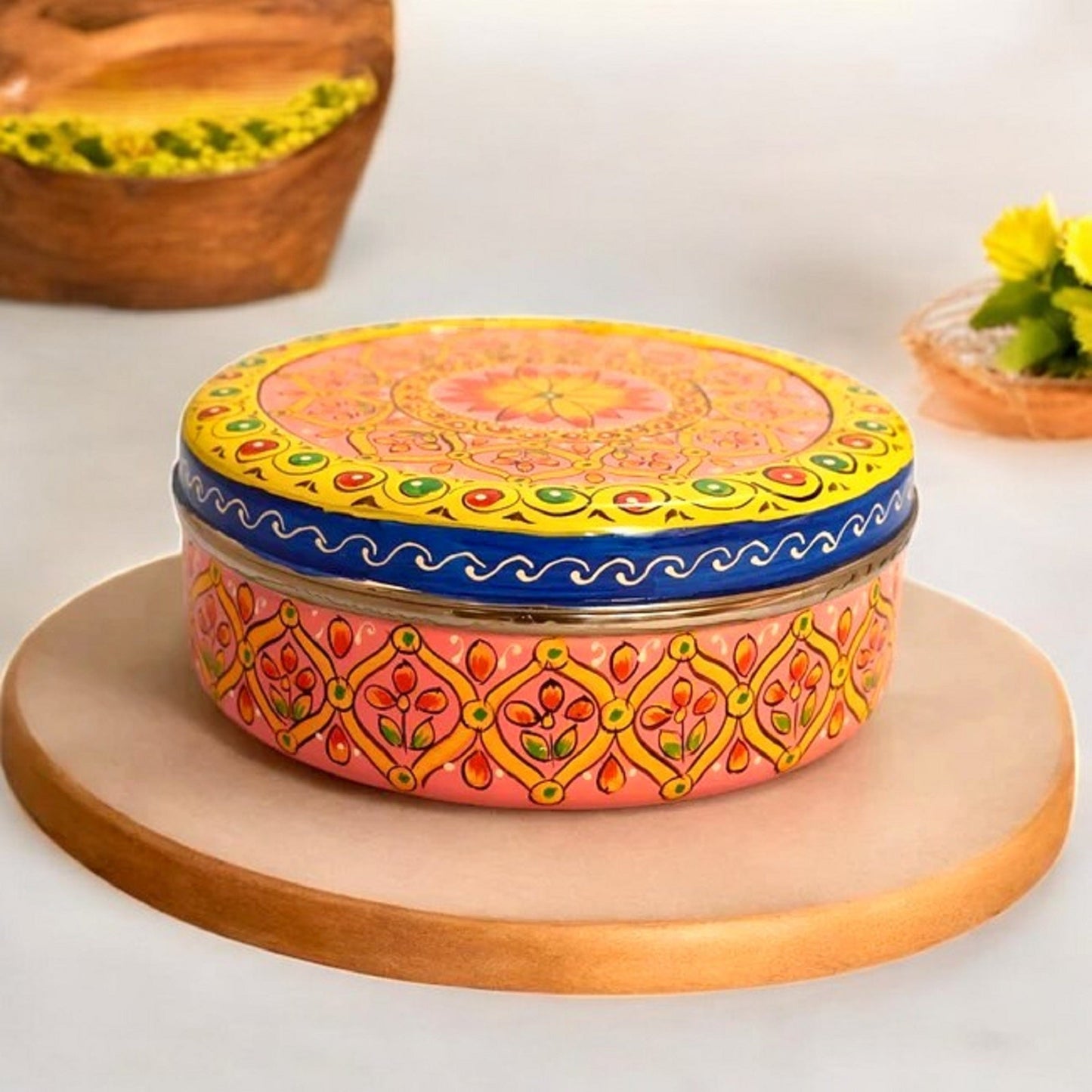 Hand Painted Spice Box With 7 Compartments-Multicolor