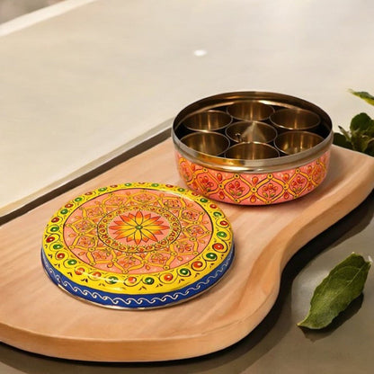 Hand Painted Spice Box With 7 Compartments-Multicolor