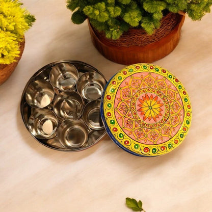 Hand Painted Spice Box With 7 Compartments-Multicolor