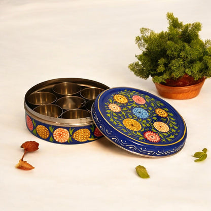 Hand Painted Spice Box With 7 Compartments-Blue