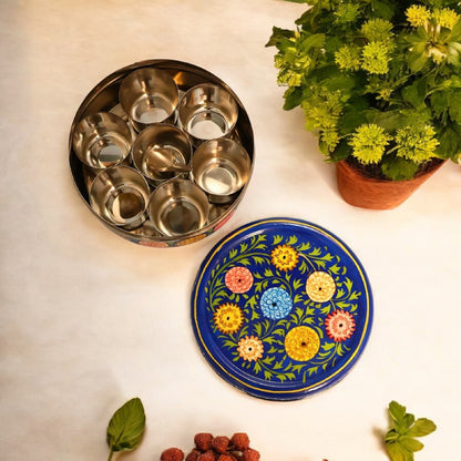 Hand Painted Spice Box With 7 Compartments-Blue
