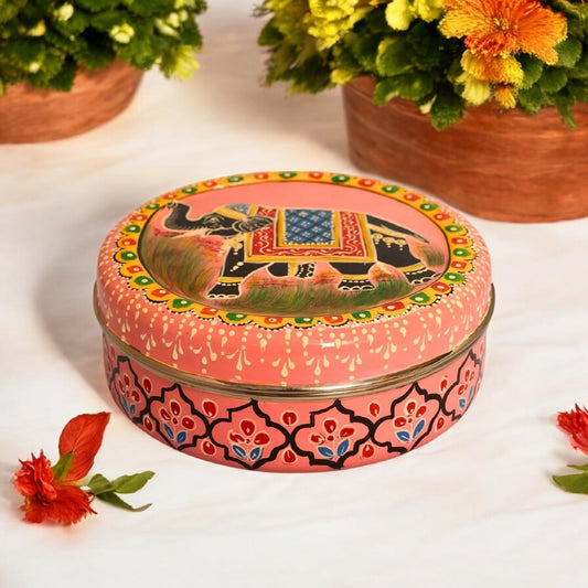 Hand Painted Spice Box With 7 Compartments-Orange And Red
