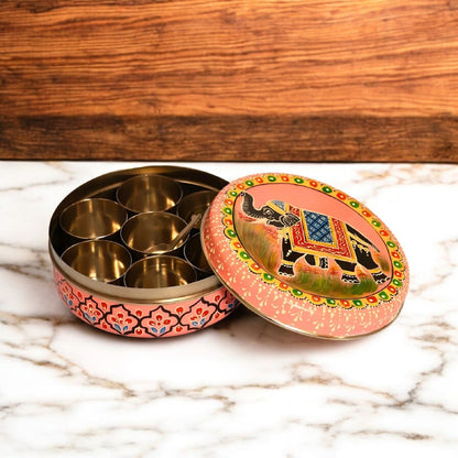 Hand Painted Spice Box With 7 Compartments-Orange And Red
