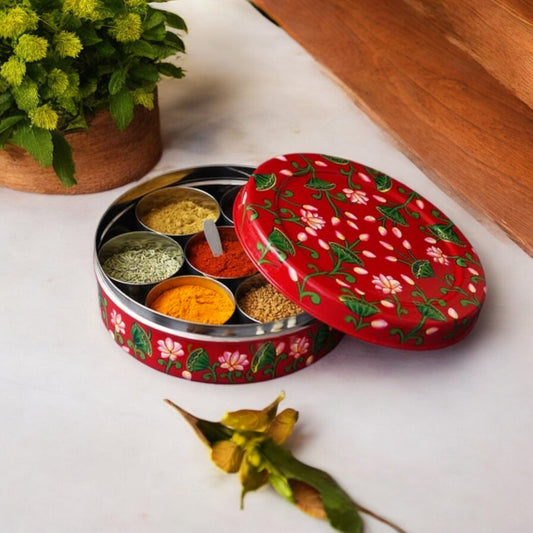 Hand Painted Spice Box With 7 Compartments-Red